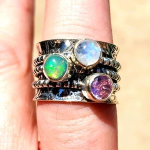 New Ethiopian Opal Multi Gemstone 925 Silver Spinner Meditation Ring.